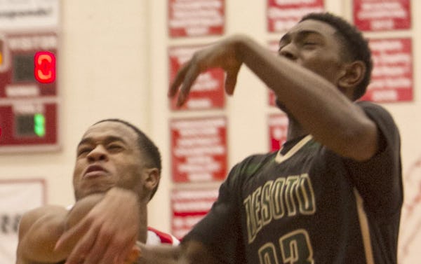 Cedar Hill guard Jonathan Webb (3) closes defensively at the final second to knock the ball away to thwart a fast break layup attempt by DeSoto guard Chase Winchester (23) during first half action. The two teams played their District 8-6A basketball game at Cedar Hill High School on January 15, 2016. (Steve Hamm/Special Contributor)