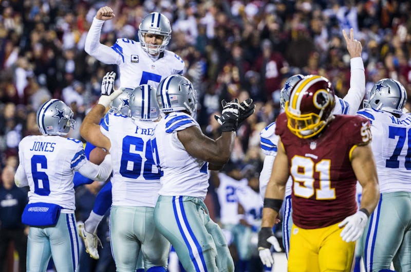Dallas Cowboys kicker Dan Bailey (5) is lifted up by his teammates after scoring the game winning field goal during the fourth quarter of their game against the Washington Redskins on Monday, December 7, 2015 at FedEx Field in Landover, Maryland.  The Cowboys won 19-16. (Ashley Landis/The Dallas Morning News)