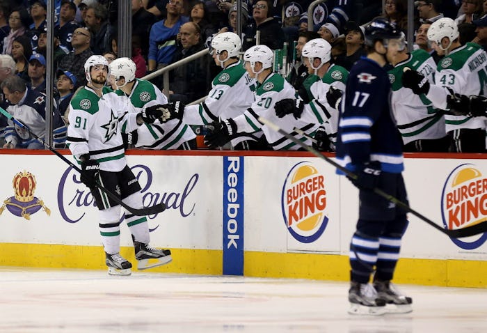 Dallas Stars' Tyler Seguin (91) celebrates with teammates after scoring against the Winnipeg Jets during the second period of an NHL hockey game Tuesday, Feb. 2, 2016, in Winnipeg, Manitoba. (Trevor Hagan/The Canadian Press via AP)