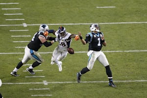 Denver Broncos linebacker Von Miller (58) strips the ball from Carolina Panthers quarterback Cam Newton (1) in the fourth quarter of Super Bowl 50 at Levi's Stadium in Santa Clara, Calif., Feb. 7, 2016. (A.J. Mast/The New York Times)