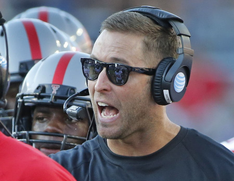 Texas Tech head coach Kliff Kingsbury is pictured on the sidelines during the Texas Tech University Red Raiders vs. the TCU Horned Frogs college football game at Amon G. Carter Stadium in Fort Worth on Saturday, October 25, 2014.  (Louis DeLuca/The Dallas Morning News)