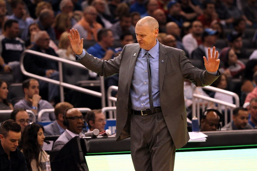 Feb 19, 2016; Orlando, FL, USA; Dallas Mavericks head coach Rick Carlisle reacts against the Orlando Magic during the second quarter at Amway Center. Mandatory Credit: Kim Klement-USA TODAY Sports