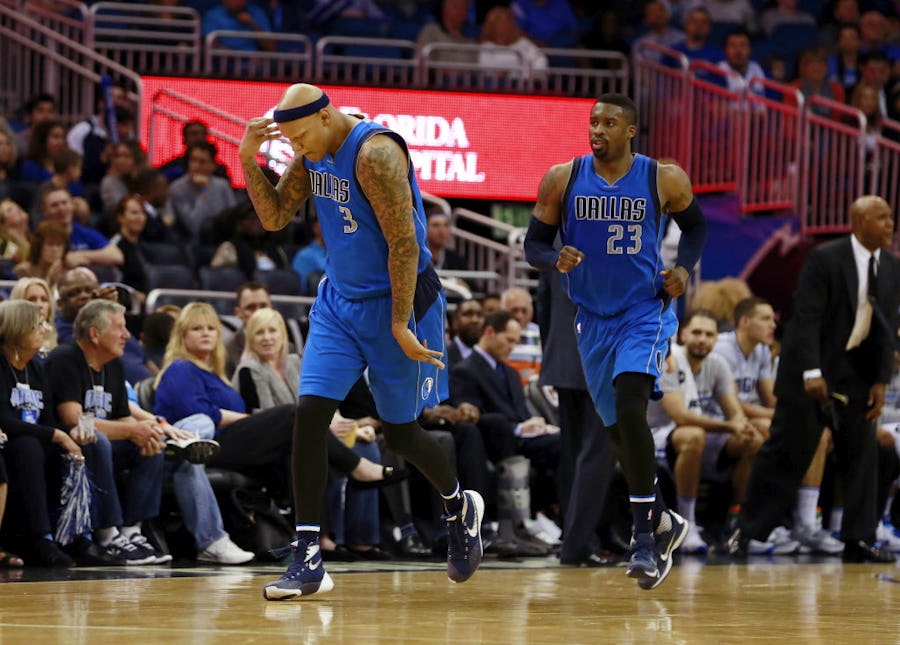 Feb 19, 2016; Orlando, FL, USA; Dallas Mavericks forward Charlie Villanueva (3) reacts as he makes a three pointer against the Orlando Magic during the second half at Amway Center. Orlando defeated Dallas 110-104. Mandatory Credit: Kim Klement-USA TODAY Sports