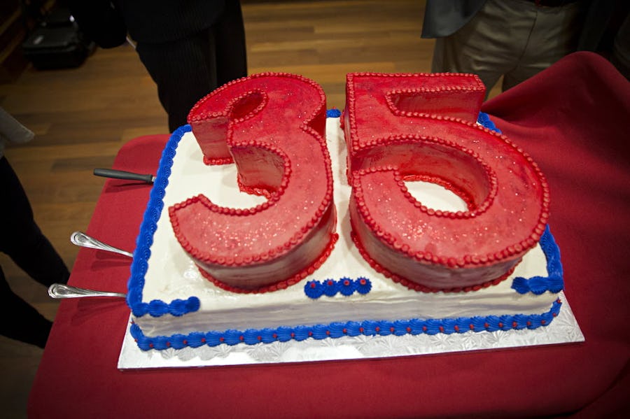 A cake celebrates outgoing SMU women's basketball head coach Rhonda Rompola's 35 years with the team during a reception following her final home game Saturday, February 27, 2016 at Moody Coliseum in University Park, Texas. (G.J. McCarthy/The Dallas Morning News)