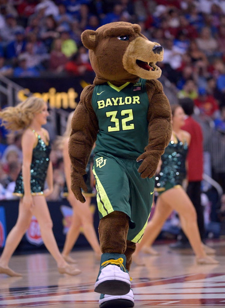 Mar 11, 2016; Kansas City, MO, USA; The Baylor Bears mascot entertains fans in the second half against the Kansas Jayhawks during the Big 12 Conference tournament at Sprint Center. Kansas won 70-66. Mandatory Credit: Denny Medley-USA TODAY Sports