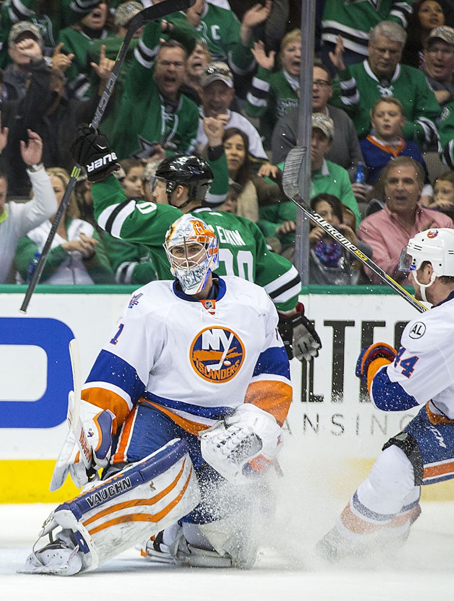 Dallas Stars center Cody Eakin celebrates after being New York Islanders goalie Thomas Greiss for a goal during the second period of an NHL hockey game at the American Airlines Center on Saturday, March 19, 2016, in Dallas. (Smiley N. Pool/The Dallas Morning News)