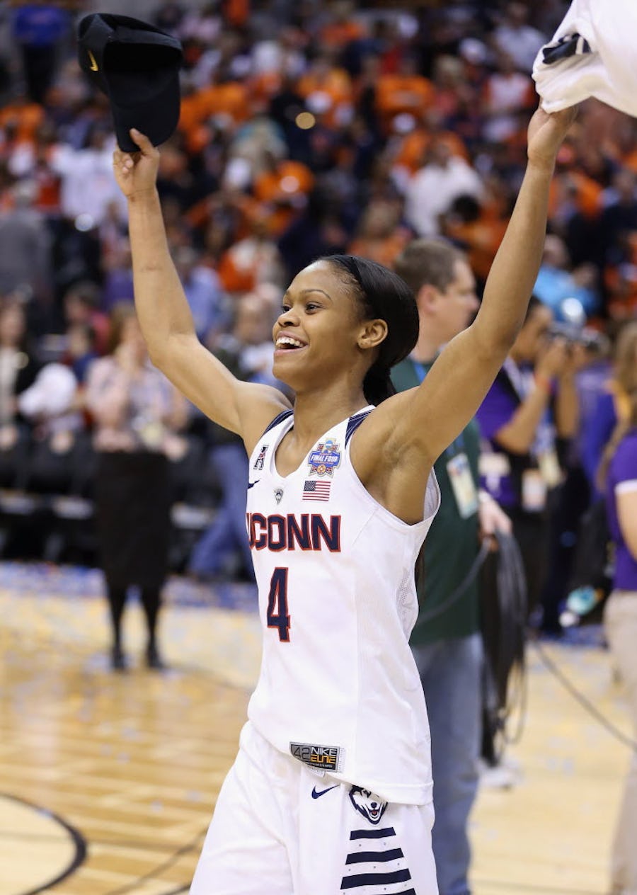 INDIANAPOLIS, IN - APRIL 05:  Moriah Jefferson #4 of the Connecticut Huskies celebrates their 82-51 victory over the Syracuse Orange to win the 2016 NCAA Women's Final Four Basketball Championship at Bankers Life Fieldhouse on April 5, 2016 in Indianapolis, Indiana.  (Photo by Andy Lyons/Getty Images)