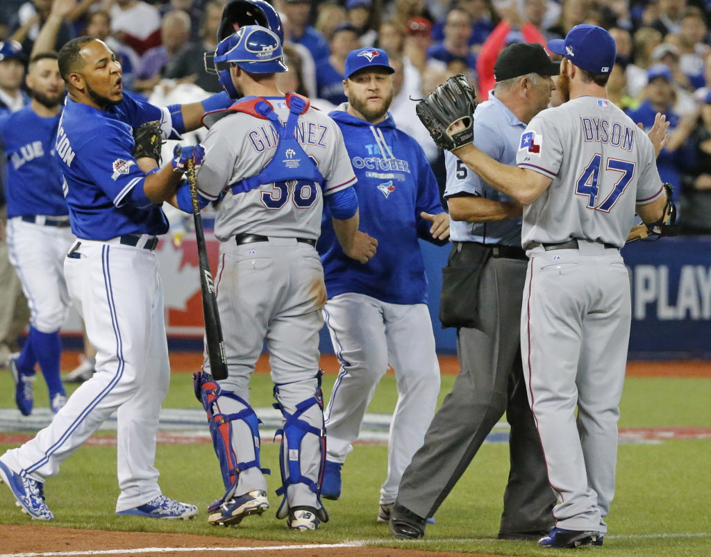 Edwin Encarnacion crashed the Blue Jays dugout in full uniform