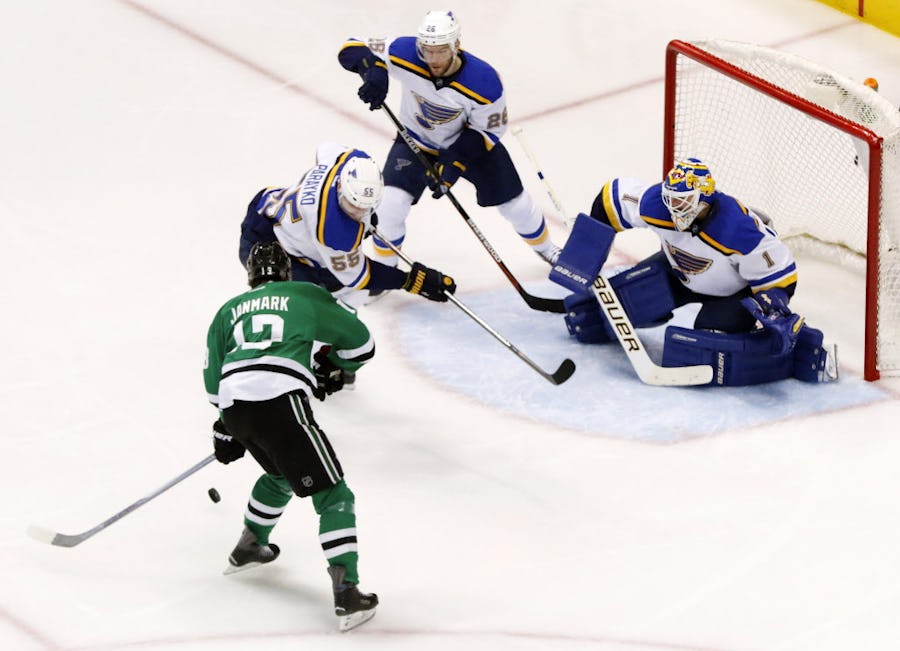 Dallas Stars center Radek Faksa (12) looks to shoot on St. Louis Blues goalie Brian Elliott (1) in the second period during Game 5 of the Western Conference Semifinals at the American Airlines Center in Dallas, Saturday, May 7, 2016. The Stars lost, 4-1. (Tom Fox/The Dallas Morning News)