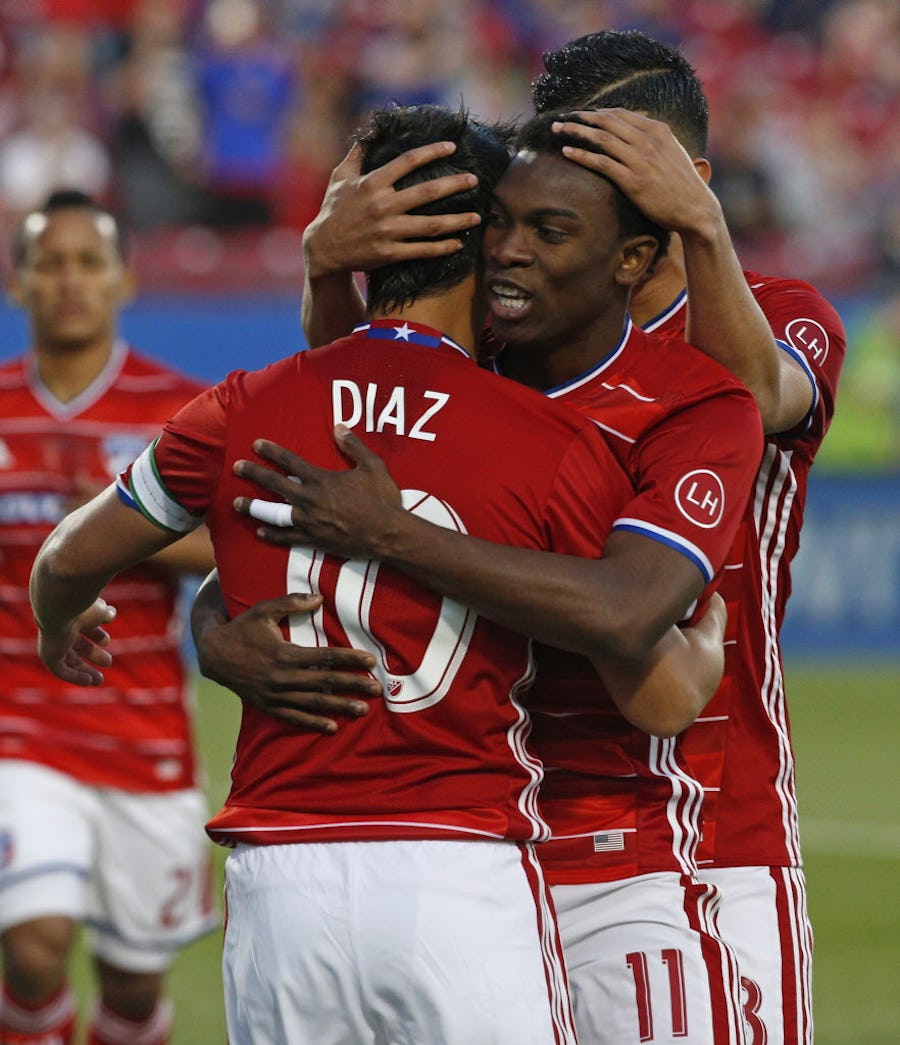 FC Dallas midfielder Mauro Diaz (10) is congratulated after a goal against Seattle Sounders FC during their game at Toyota Stadium in Frisco, Texas May 14, 2016. (Nathan Hunsinger/The Dallas Morning News)