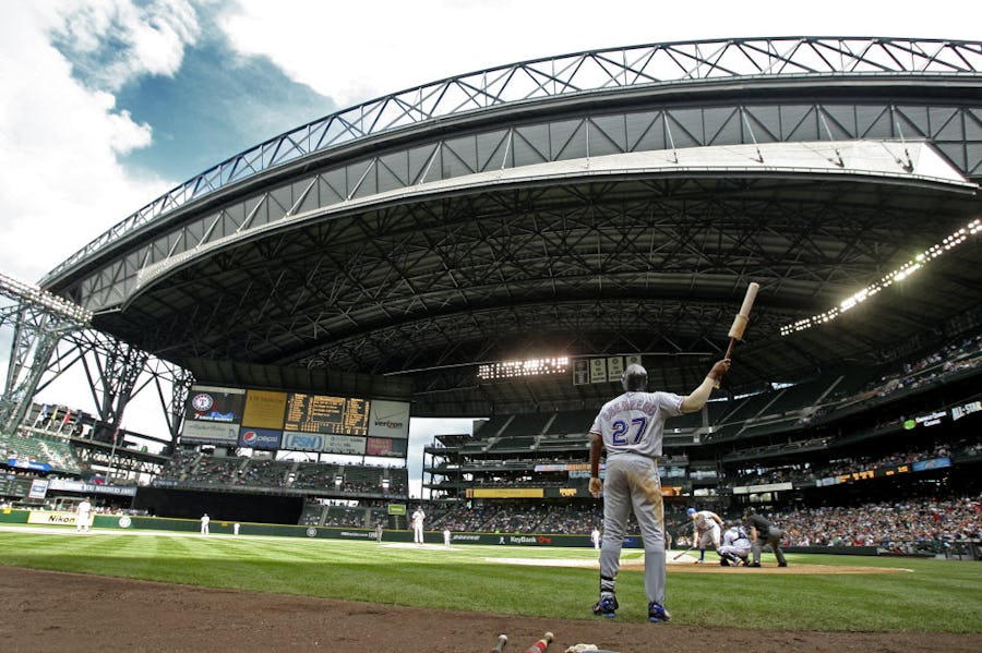 Texas' Vladimir Guerrero watches as the roof closes at Safeco Field as the skies darken with possible rain cloudsduring the Texas Rangers vs. the Seattle Mariners major league baseball game at Safeco Field in Seattle on Sunday September 19, 2010.  (Louis DeLuca/The Dallas Morning News)