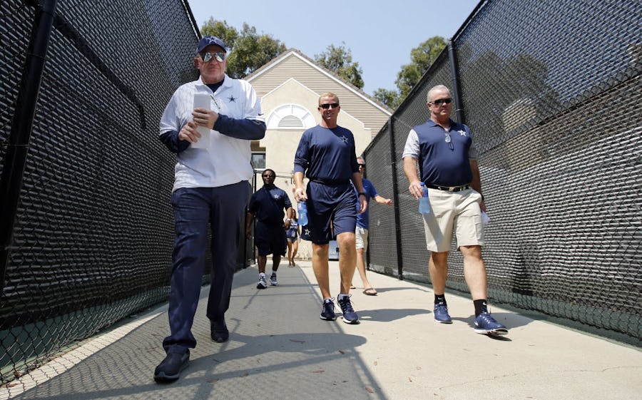 (from left) Owner Jerry Jones, head coach Jason Garrett, and Chief Operating Officer / Executive Vice President Stephen Jones arrive for the Dallas Cowboys State of the Union address to open this years training camp in Oxnard, California, Friday, July 29, 2016. (Tom Fox/The Dallas Morning News)