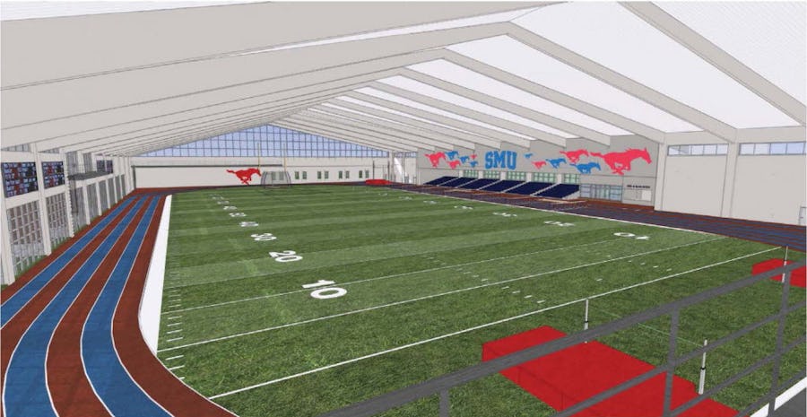 Artist's rendering of the indoor athletic practice facility planned for construction at SMU.
