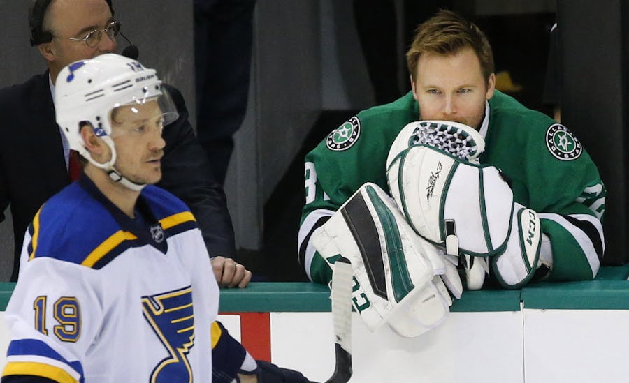 Dallas Stars goalie Kari Lehtonen (32) can only watch from the bench during the third period after he was pulled in the first period in Game 2 of the NHL Western Conference Semifinals against the St. Louis Blues at the American Airlines Center in Dallas, Sunday, May 1, 2016. (Tom Fox/The Dallas Morning News)