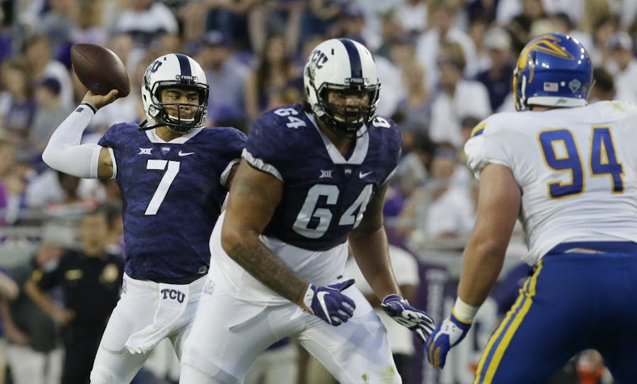 TCU quarterback Kenny Hill (7) throws a pass in the 59-41 win over South Dakota State on Saturday. (AP Photo/LM Otero)