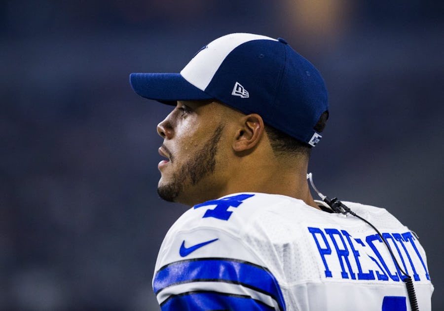 Dallas Cowboys quarterback Dak Prescott (4) watches from the sideline during the second quarter of their game against the Houston Texans on Thursday, September 1, 2016 at AT&T Stadium in Arlington, Texas.   (Ashley Landis/The Dallas Morning News)