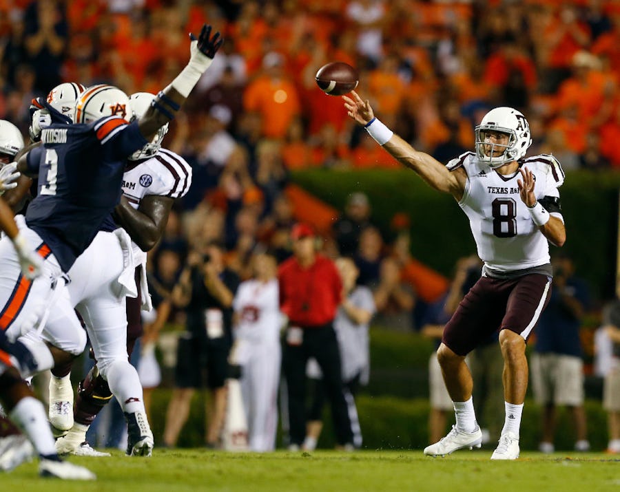 AUBURN, AL - SEPTEMBER 17:  Quarterback Trevor Knight #8 of the Texas A&M Aggies throws a pass against the Auburn Tigers during the second half of an NCAA college football game on September 17, 2016 in Auburn, Alabama. Texas A&M Aggies won 29-16. (Photo by Butch Dill/Getty Images)