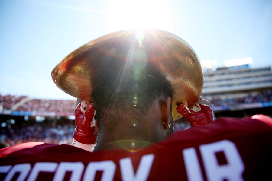 Oklahoma Sooners linebacker Ricky DeBerry (22) places the Golden Hat on his head following the Red River Showdown between the Oklahoma Sooners and Texas Longhorns at the Cotton Bowl at Fair Park in Dallas Saturday October 8, 2016. Oklahoma Sooners beat Texas Longhorns 45-40. (Andy Jacobsohn/The Dallas Morning News)