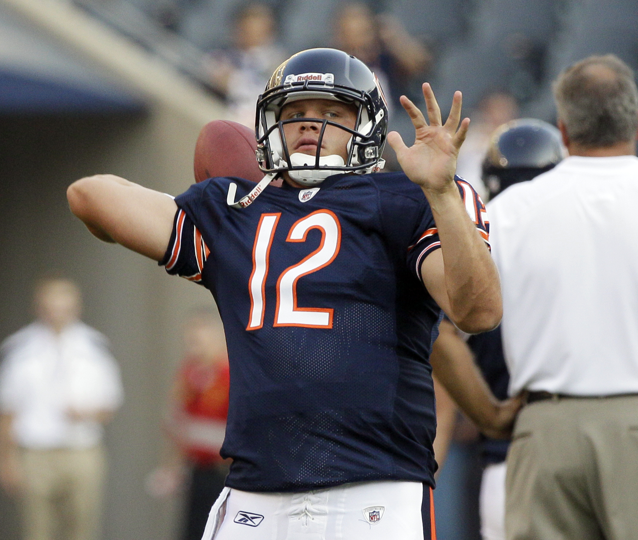 Chicago Bears quarterback Caleb Hanie (12) passes during the fouth quarter  against the Kansas City Chiefs at Soldier Field on December 4, 2011 in  Chicago. The Chiefs won 10-3. UPI/Brian Kersey Stock Photo - Alamy