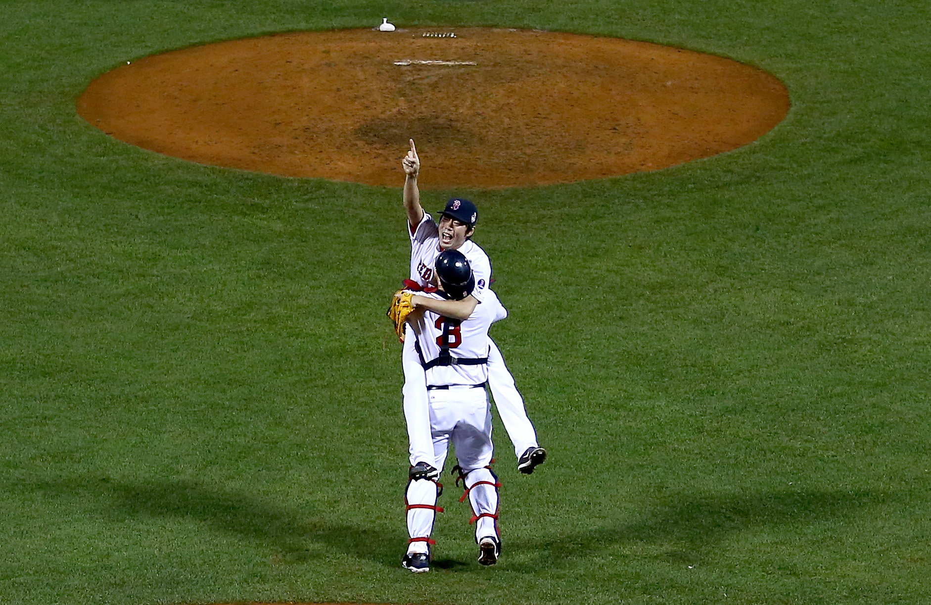 Koji Uehara and David Ross celebrate Boston's World Series championship