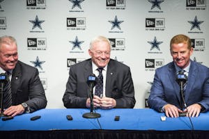 Dallas Cowboys executive vice president/COO Stephen Jones, owner Jerry Jones, and head coach Jason Garrett discuss their picks in the second and third rounds of the 2015 NFL Draft at their Valley Ranch training facility on Friday, May 1, 2015, in Irving. (Smiley N. Pool/The Dallas Morning News)