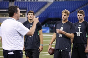 INDIANAPOLIS, IN - FEBRUARY 27: Quarterbacks (from left) Christian Hackenberg of Penn State, Jared Goff of California and Jeff Driskel of Louisiana Tech listen to a coach during the 2016 NFL Scouting Combine at Lucas Oil Stadium on February 27, 2016 in Indianapolis, Indiana. (Photo by Joe Robbins/Getty Images)