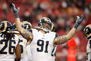 SANTA CLARA, CA - JANUARY 03: Chris Long #91 of the St. Louis Rams reacts after a play against the San Francisco 49ers during their NFL game at Levi's Stadium on January 3, 2016 in Santa Clara, California. (Photo by Ezra Shaw/Getty Images)