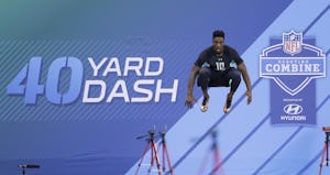 Georgia linebacker Leonard Floyd jumps before running at the NFL football scouting combine on Sunday, Feb. 28, 2016, in Indianapolis. (AP Photo/Darron Cummings)