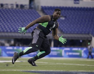 Louisiana Tech defensive lineman Vernon Butler runs a drill at the NFL football scouting combine on Tuesday, March 1, 2016, in Indianapolis. (AP Photo/Darron Cummings)