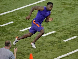 MacKensie Alexander runs drills at Clemson's NFL football Pro Day Thursday, March 10, 2016, in Clemson, S.C. (AP Photo/Richard Shiro)