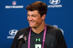 Feb 25, 2016; Indianapolis, IN, USA; Penn State quarterback Christian Hackenberg speaks to the media during the 2016 NFL Scouting Combine at Lucas Oil Stadium. Mandatory Credit: Trevor Ruszkowski-USA TODAY Sports