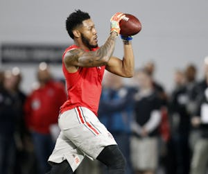 Ohio State safety Vonn Bell makes a catch during NFL Pro Day at Ohio State University in Columbus, Ohio, Friday, March 11, 2016. (AP Photo/Paul Vernon)