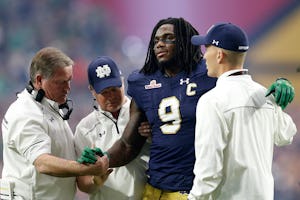 GLENDALE, AZ - JANUARY 01: Linebacker Jaylon Smith #9 of the Notre Dame Fighting Irish walks off the field after an injury during the first quarter of the BattleFrog Fiesta Bowl against the Ohio State Buckeyes at University of Phoenix Stadium on January 1, 2016 in Glendale, Arizona. The Buckeyes defeated the Fighting Irish 44-28. (Photo by Christian Petersen/Getty Images) ORG XMIT: 595507163