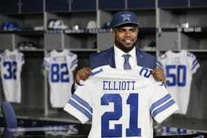 Running back Ezekiel Elliott, who played for Ohio State, stands for a photograph after participating in an interview after he was introduced by the Dallas Cowboys after being drafted fourth overall in the 2016 NFL draft by the Cowboys at the team's headquarters in Irving, Texas, Friday April 29, 2016. (Andy Jacobsohn/The Dallas Morning News)