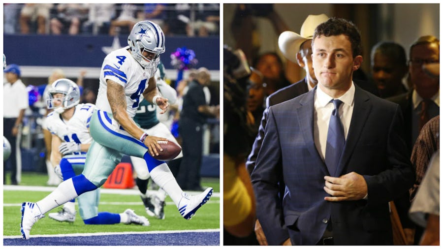 Left, Cowboys QB Dak Prescott rushes for a touchdown against the Eagles (Smiley Pool/The Dallas Morning). Right, former Browns QB Johnny Manziel makes a court appearance (Vernon Bryant/The Dallas Morning News).