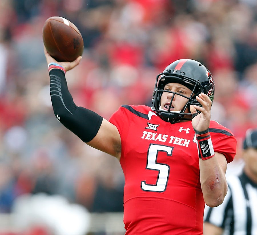 Texas Tech's Patrick Mahomes (5) passes the ball during an NCAA college football game against Texas, Saturday, Nov. 5, 2016, in Lubbock, Texas. (Brad Tollefson/Lubbock Avalanche-Journal via AP)