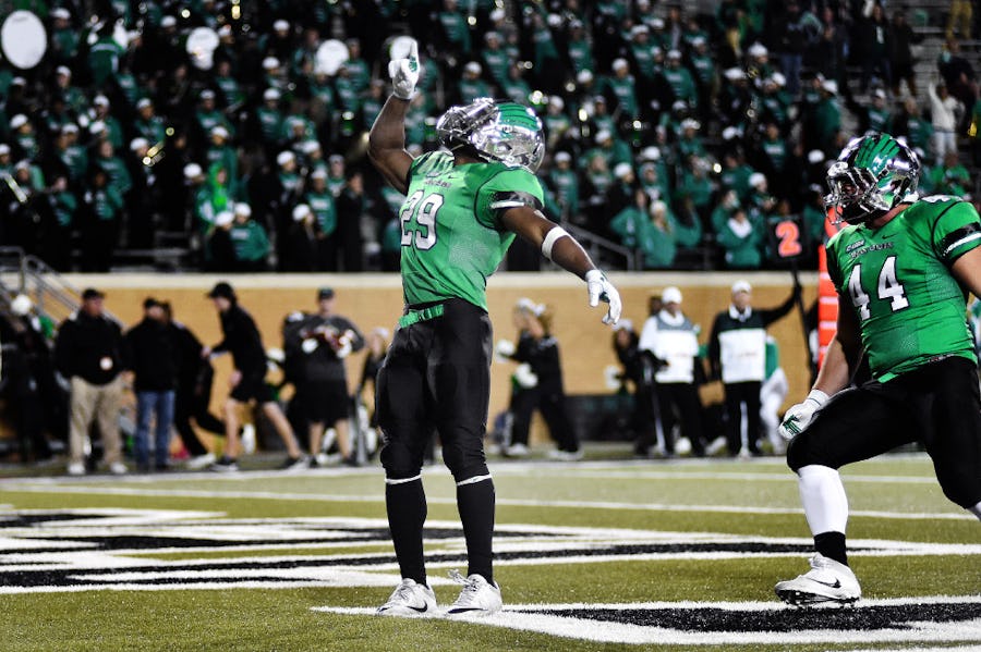 North Texas junior running back Willy Ivery (29) celebrates a touchdown. The Southern Mississippi Golden Eagles faced off against the Mean Green, Saturday, November 19, 2016, in Denton, Texas. Tomas Gonzalez/DRC ORG XMIT: txder