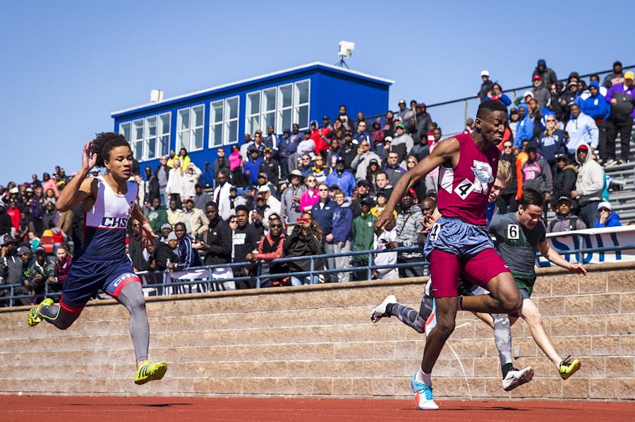 Joseph Sheffield of Rowlett (4) wins the 6A boys 100 meters during the Jesuit-Sheaner Relays track meet on Saturday, March 19, 2016, in Dallas. (Smiley N. Pool/The Dallas Morning News)