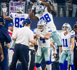 Dallas Cowboys wide receiver Dez Bryant (88) celebrates with wide receiver Terrance Williams (83) and quarterback Dak Prescott (4) after throwing a 10-yard touchdown pass to tight end Jason Witten during the second half of an NFL football game against the Detroit Lions at AT&T Stadium on Monday, Dec. 26, 2016, in Arlington, Texas. (Smiley N. Pool/The Dallas Morning News)