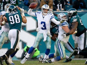 Dallas Cowboys quarterback Mark Sanchez (3) is sacked by Philadelphia Eagles defensive end Brandon Graham (55) during the fourth quarter at Lincoln Financial Field in Philadelphia, Sunday, Jan. 1, 2017. The Dallas Cowboys lost 27-13. (Jae S. Lee/The Dallas Morning News)