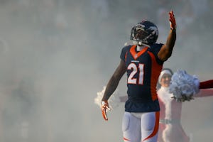 DENVER, CO - DECEMBER 18:  Cornerback Aqib Talib #21 of the Denver Broncos runs onto the field during player introductions before a game against the New England Patriots at Sports Authority Field at Mile High on December 18, 2016 in Denver, Colorado. (Photo by Justin Edmonds/Getty Images)