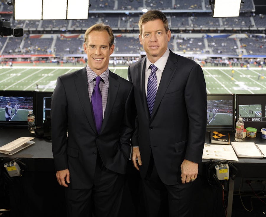 ARLINGTON, TX - FEBRUARY 6: (L-R) Game announcers Joe Buck and Troy Aikman appear before the telecast of Super Bowl XLV at Cowboys Stadium, February 6, 2011 in Arlington, Texas. (Photo by Frank Micelotta/PictureGroup)