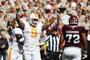 COLLEGE STATION, TX - OCTOBER 08: Derek Barnett #9 of the Tennessee Volunteers celebrates a tackle in the first half of their game against the Texas A&M Aggies at Kyle Field on October 8, 2016 in College Station, Texas. (Photo by Scott Halleran/Getty Images)