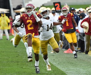 LOS ANGELES, CA - NOVEMBER 26: Devin Studstill #14 of the Notre Dame Fighting Irish chases down Adoree' Jackson #2 of the USC Trojans as he heads to the end zone for a touch down in the third quarter of the game at the Los Angeles Memorial Coliseum on November 26, 2016 in Los Angeles, California. USC won 45-27. (Photo by Jayne Kamin-Oncea/Getty Images)