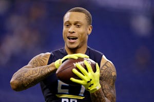 North Carolina State defensive back Josh Jones makes a catch as he runs a drill at the NFL football scouting combine in Indianapolis, Monday, March 6, 2017. (AP Photo/Michael Conroy)