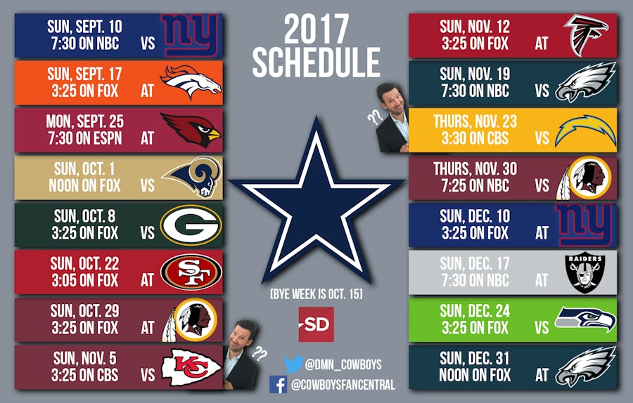 Dallas Cowboys Cowboys' full 2017 schedule Dallas opens at home vs