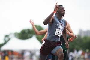 Garland Rowlett's Joseph Sheffield, center, takes first in the boys 100 meter dash with a time of 10.26 during the 2017 Texas Relays at Mike A. Myers Stadium at the University of Texas at Austin, Texas on April 1, 2017. (Julia Robinson/Special Contributor)