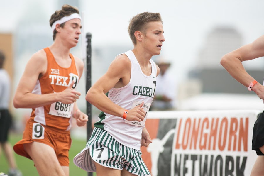 Southlake Carroll's Reed Brown, center, races with collegiate and Olympic athletes for the start of the Jerry Thompson Invitational Men's Mile during the 2017 Texas Relays at Mike A. Myers Stadium at the University of Texas at Austin, Texas on April 1, 2017. Brown placed fourth with a time of 4:03.23. (Julia Robinson/Special Contributor)
