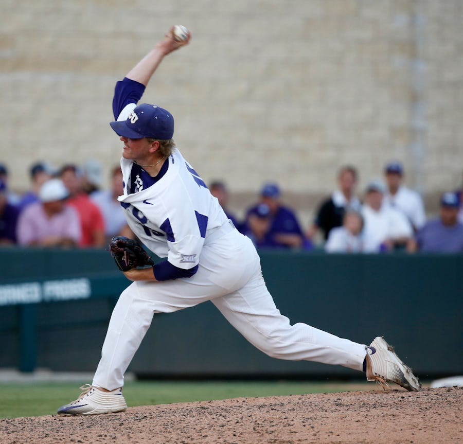 TCU pitcher Durbin Feltman (15) throws against Missouri State in the ninth inning of the NCAA Fort Worth Super Regional at Lupton Stadium in Fort Worth, Texas on Saturday, June 10, 2017. TCU won against Missouri State 3-2. (Rose Baca/The Dallas Morning News)