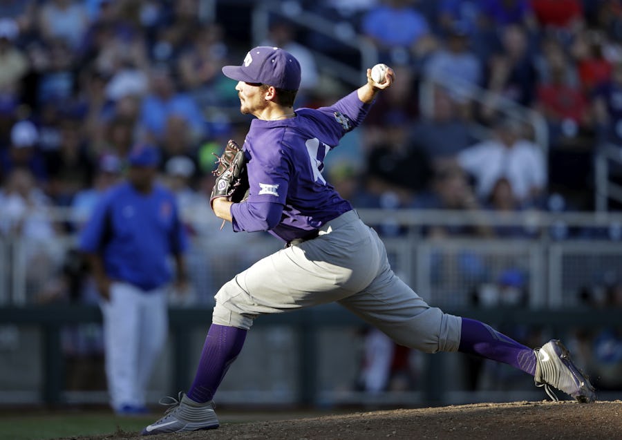 TCU pitcher Jared Janczak (41) works against Florida in the third inning of an NCAA College World Series baseball game in Omaha, Neb., Sunday, June 18, 2017. (AP Photo/Nati Harnik)